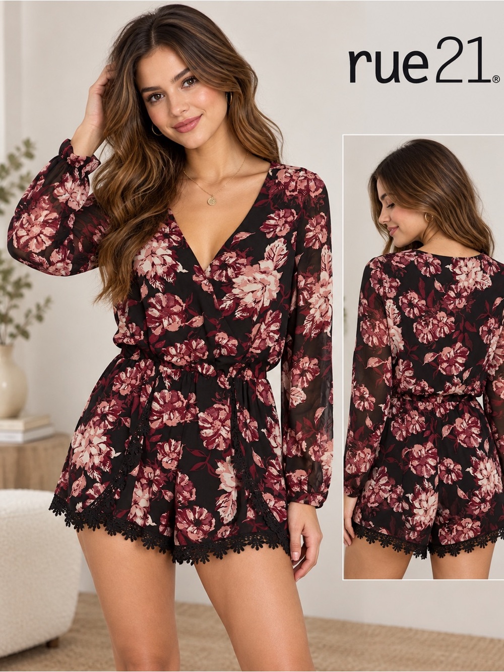 rue21 Black Floral Lace-Trim Surplice Romper with Burgundy Blooms